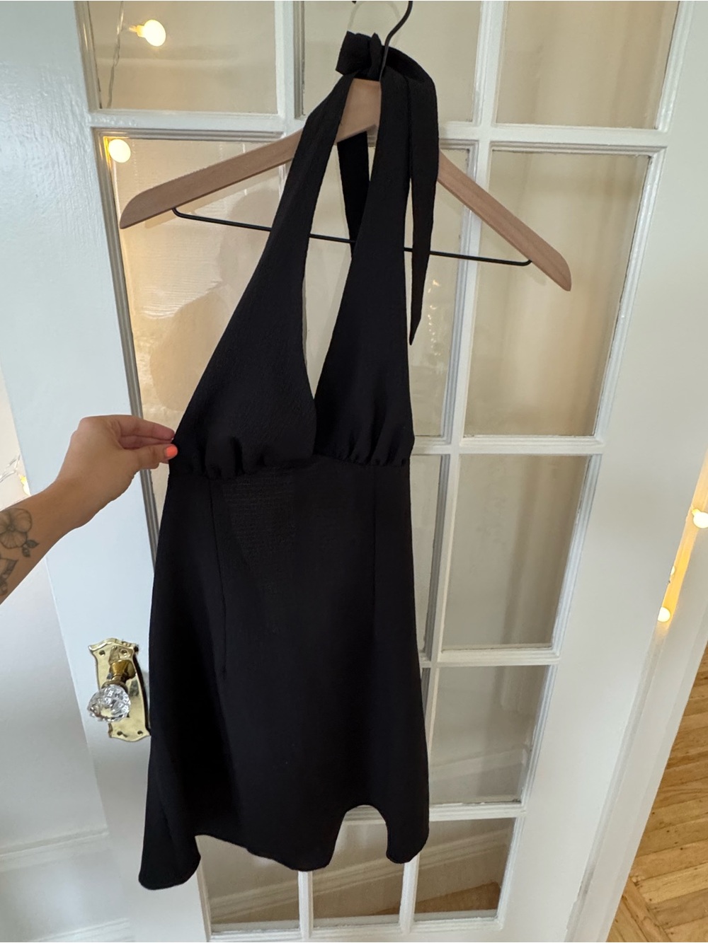 Divided Black Halter Backless Dress with Tie Neck